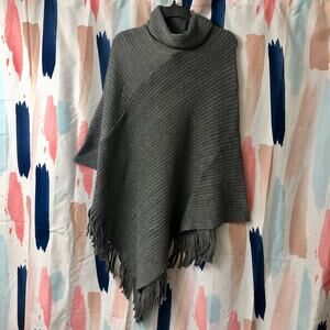 Quagga Green Label Gray Ribbed Cowl Neck Asymmetrical Fringe Poncho Sweater